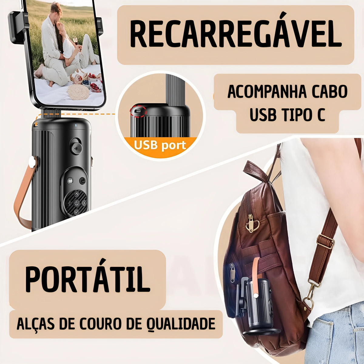 Suporte Estabilizador para Celular com Rastreamento Facial e de Movimento Automático por I.A