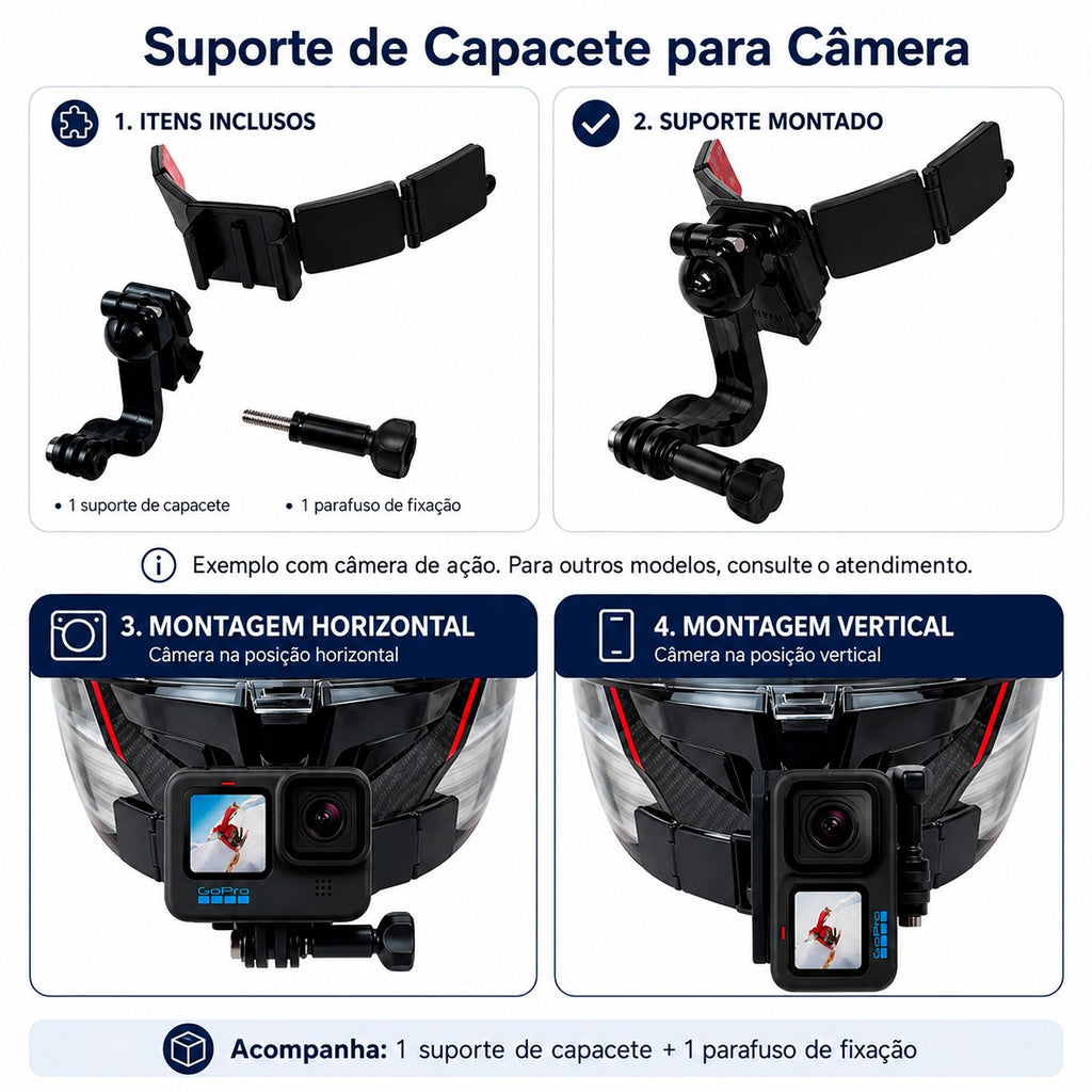 Suporte Capacete Queixo Ajustável para Câmeras de Ação com Ballhead