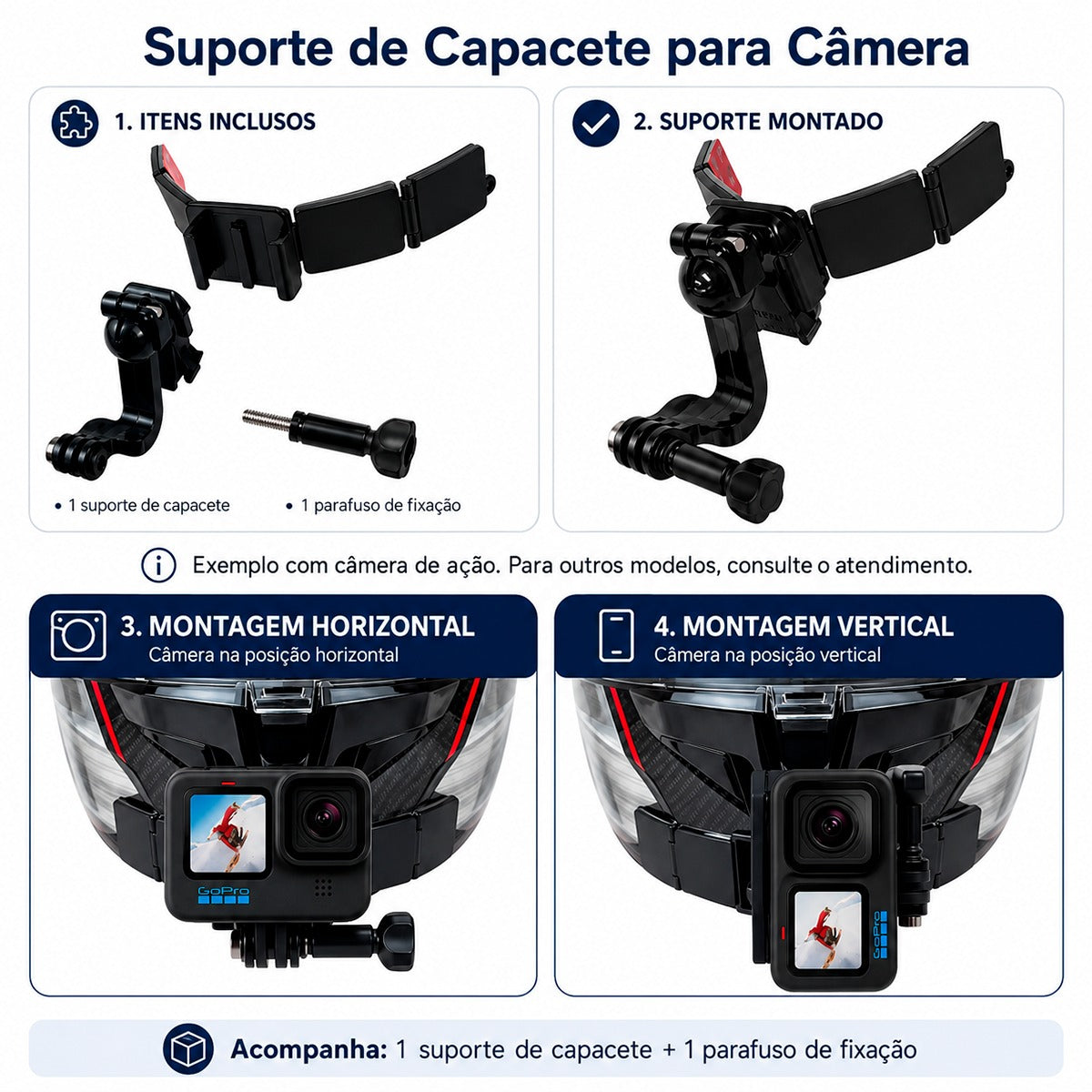 Suporte Capacete Queixo Ajustável para Câmeras de Ação com Ballhead