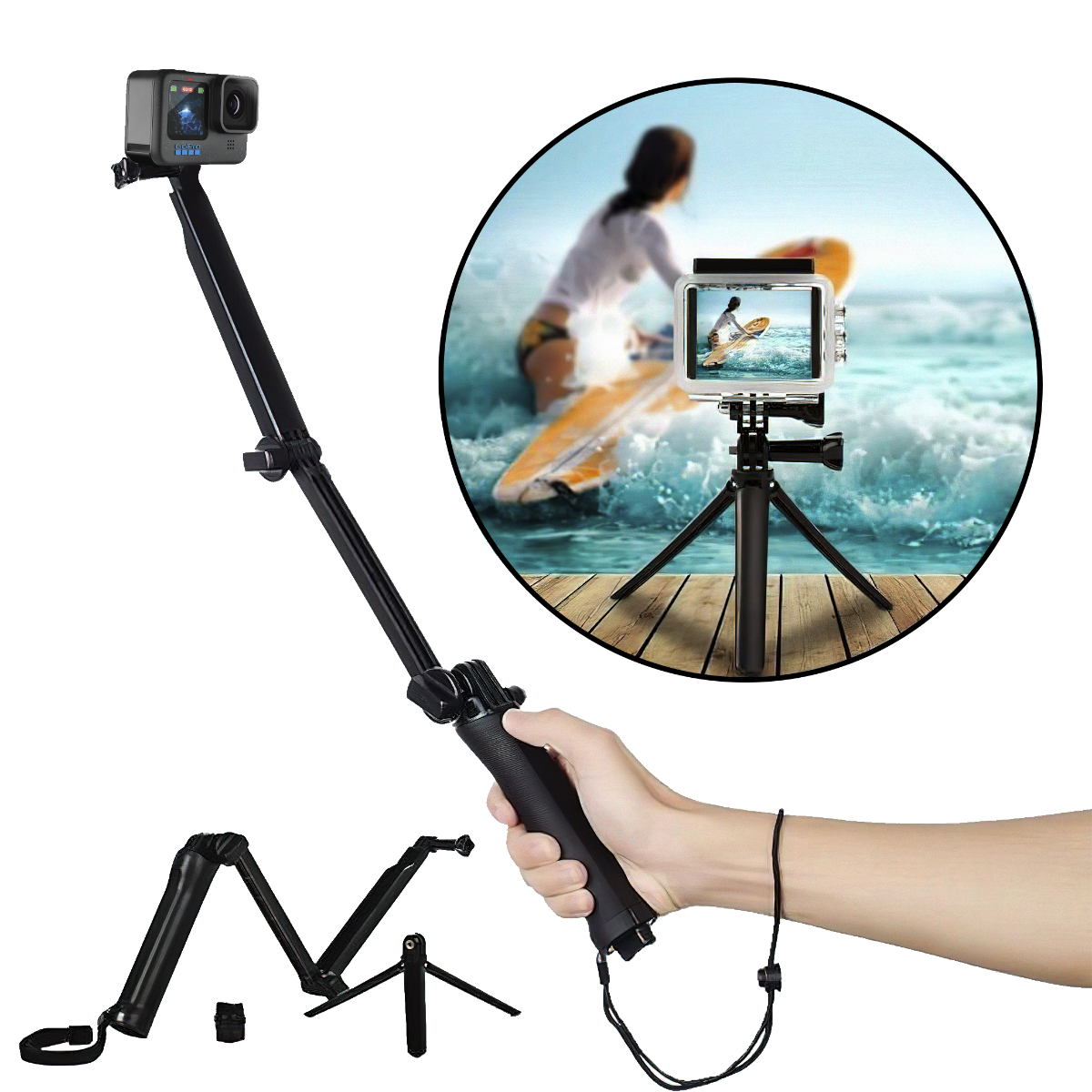 Bastão 3 Way para GoPro Tripé, Bastão de Mão e Extensor 3 em 1