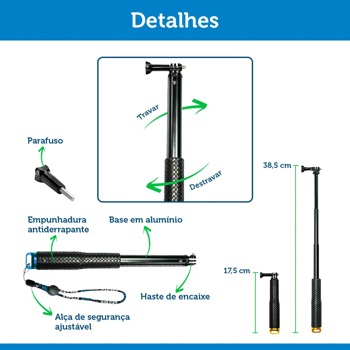 Bastão Extensor de Alumínio Curto para GoPro e Câmeras de Ação