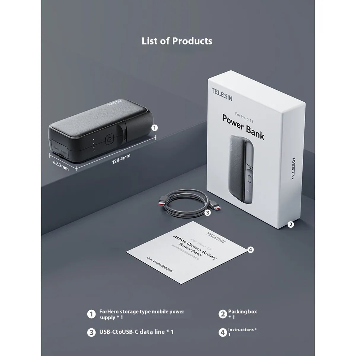 Power Bank Carregador de Baterias p/ GoPro Hero 5/6/7/8/9/10/11/12 - Telesin