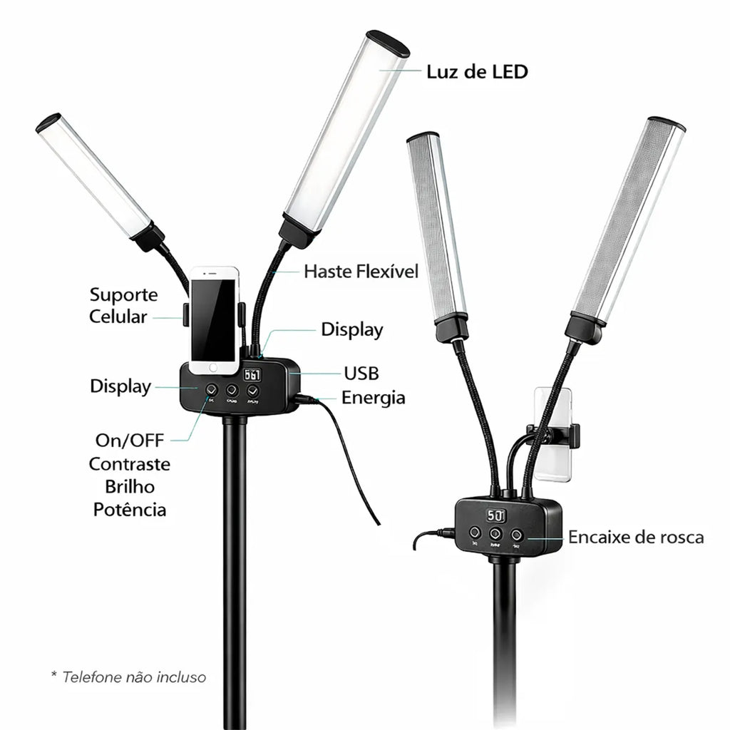 Iluminador Profissional LED Duplo Fill Light com Tripé de 2 Metros