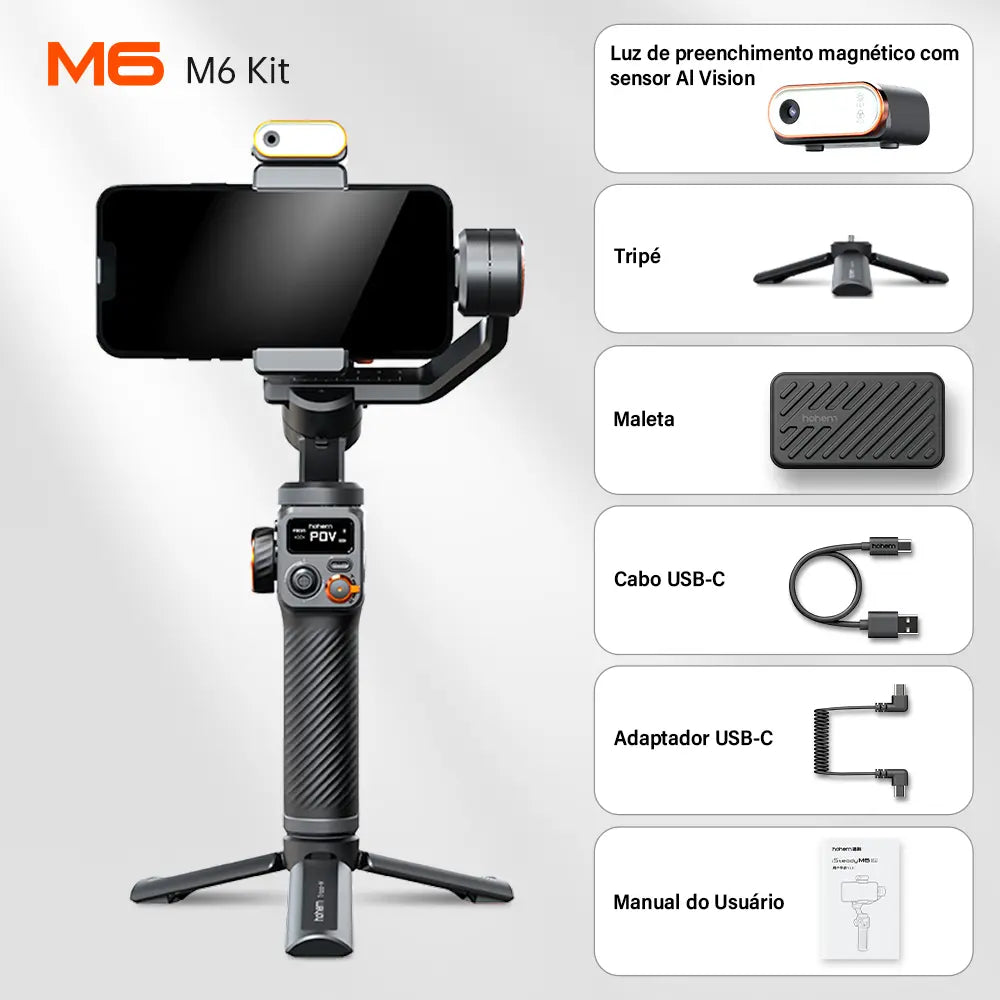 Estabilizador Gimbal 3 Eixos Hohem iSteady M6 Kit com Rastreamento de IA e Luz de Preenchimento RGB