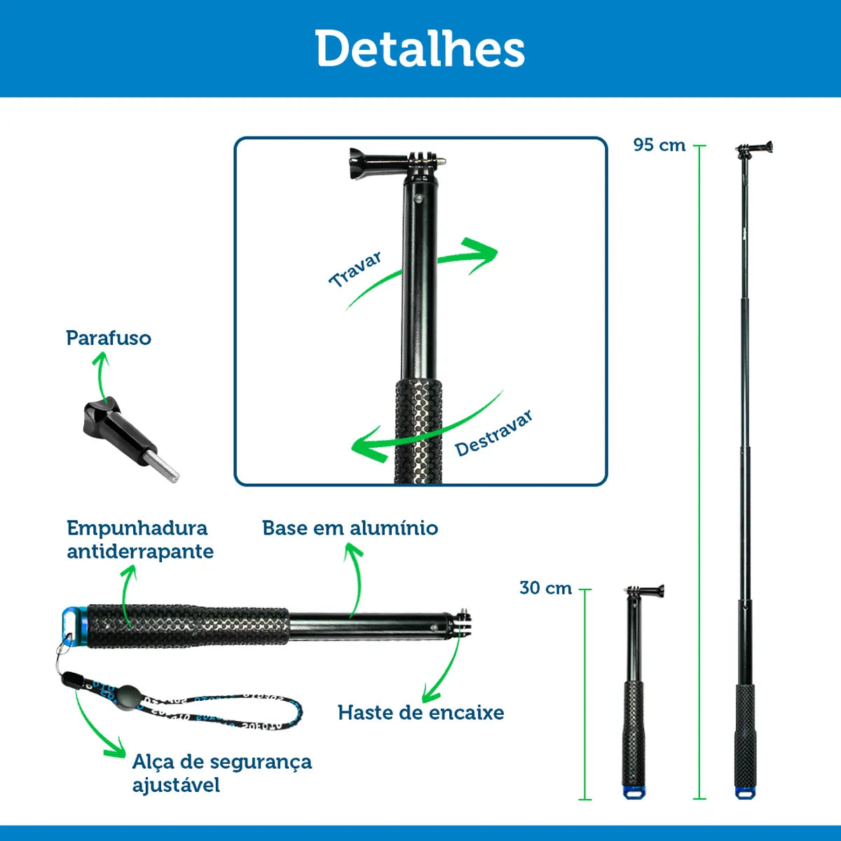 Bastão Extensor de Alumínio Longo para GoPro e Câmeras de Ação