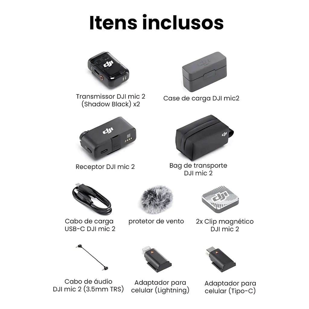 Microfone DJI Mic 2 (2 Microfones + 1 Receptor + 1 Case de Carregamento) - DJI116