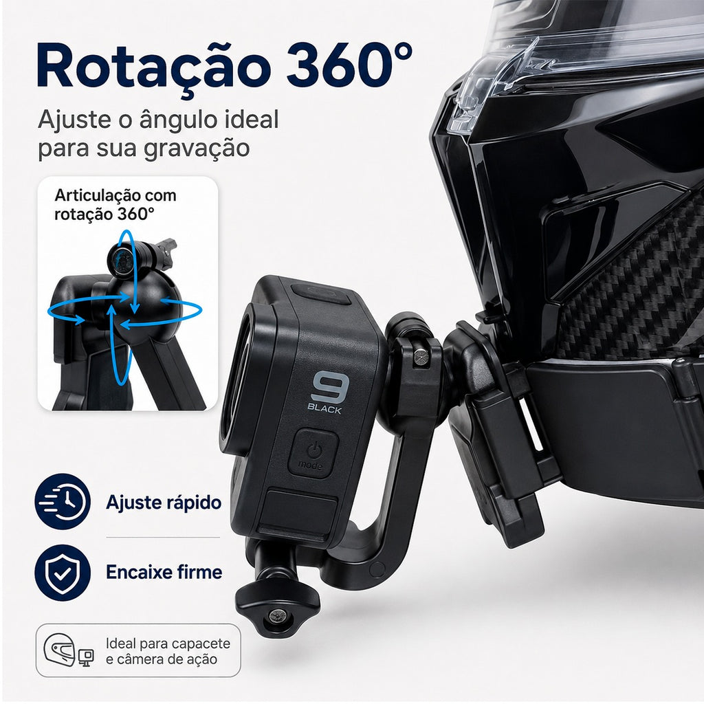 Suporte Capacete Queixo Ajustável para Câmeras de Ação com Ballhead