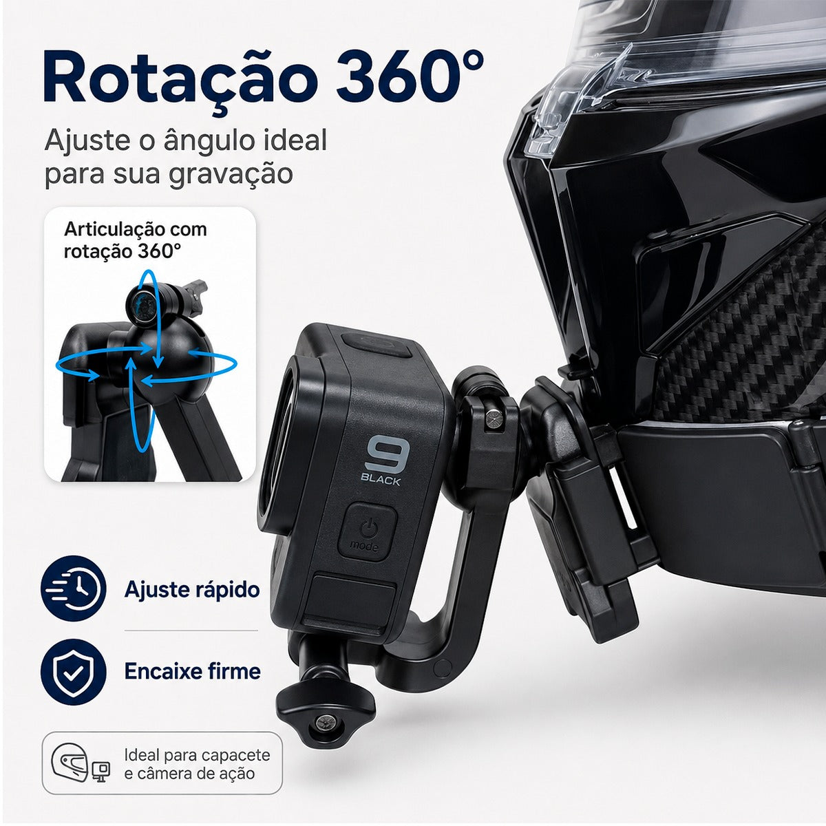 Suporte Capacete Queixo Ajustável para Câmeras de Ação com Ballhead