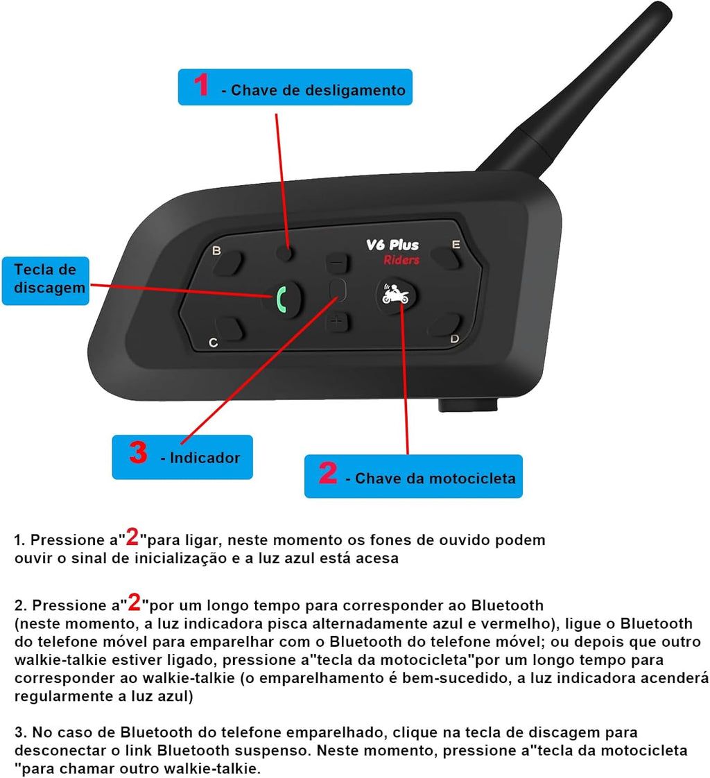 Kit 2x Intercomunicador Bluetooth V6 Plus para Capacete Moto