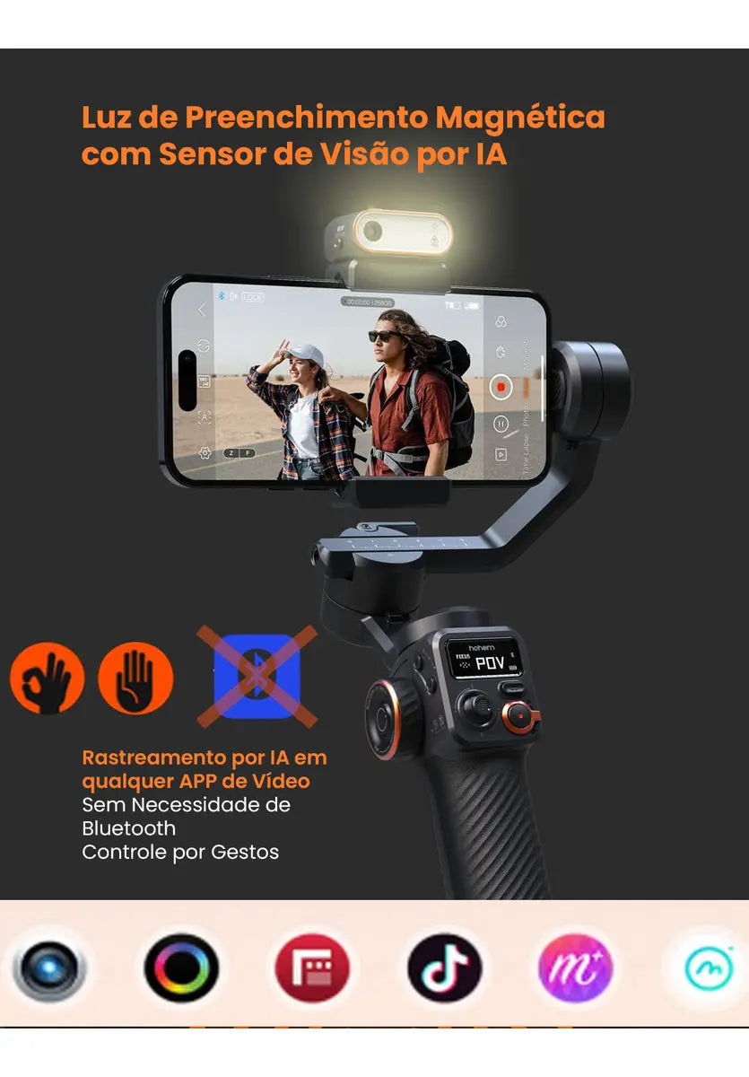 Estabilizador Gimbal 3 Eixos Hohem iSteady M6 Kit com Rastreamento de IA e Luz de Preenchimento RGB