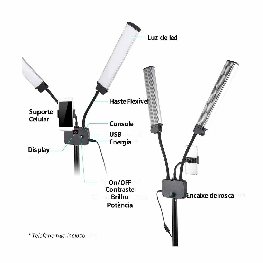 Iluminador Profissional LED Duplo Fill Light com Tripé de 2 Metros