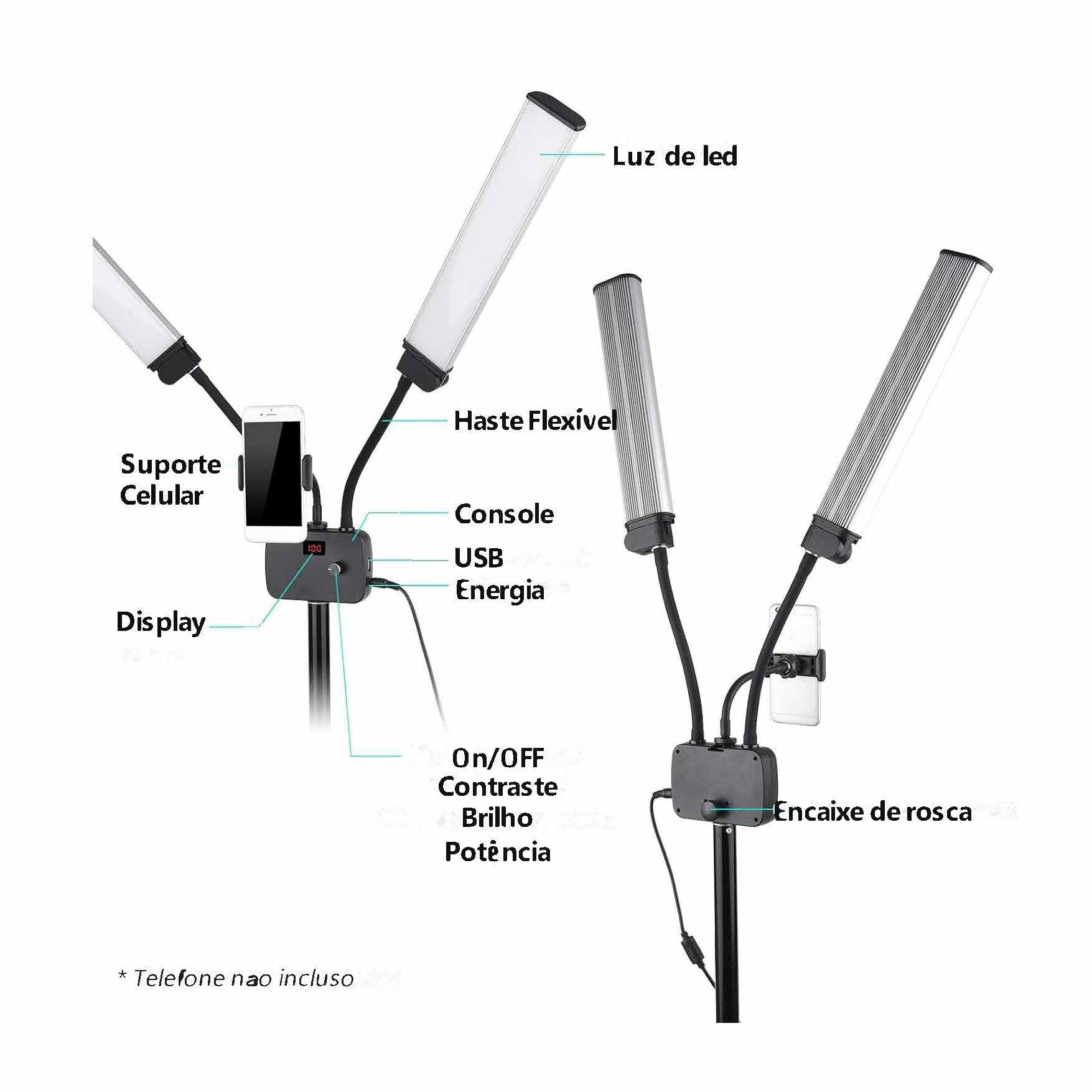 Iluminador Profissional LED Duplo Fill Light com Tripé de 2 Metros