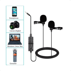 Microfone Lapela Duplo Profissional p/ Celular e Câmera